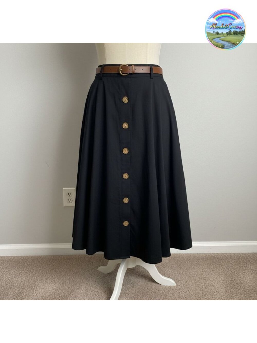 Vintage Stretch High Waist A-Line Flared Midi Skirt with Pockets & Belt